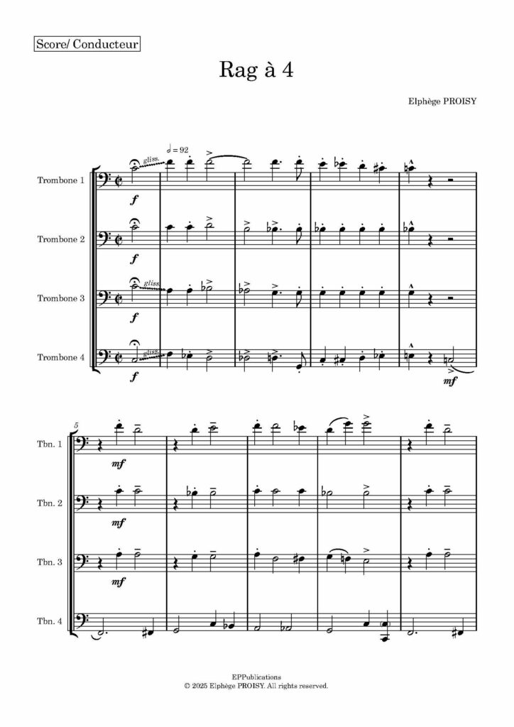 première page de Rag à 4 pour quatuor de trombone