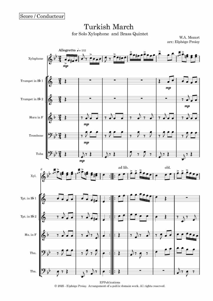 premiere page marche turque Mozart Quintette de cuivres et xylo