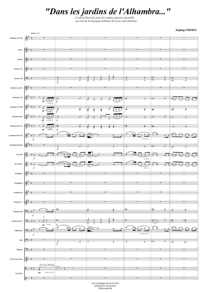Première page de la partition Dans les Jardins de l'Alhambra pour trompette solo et orchestre d'harmonie